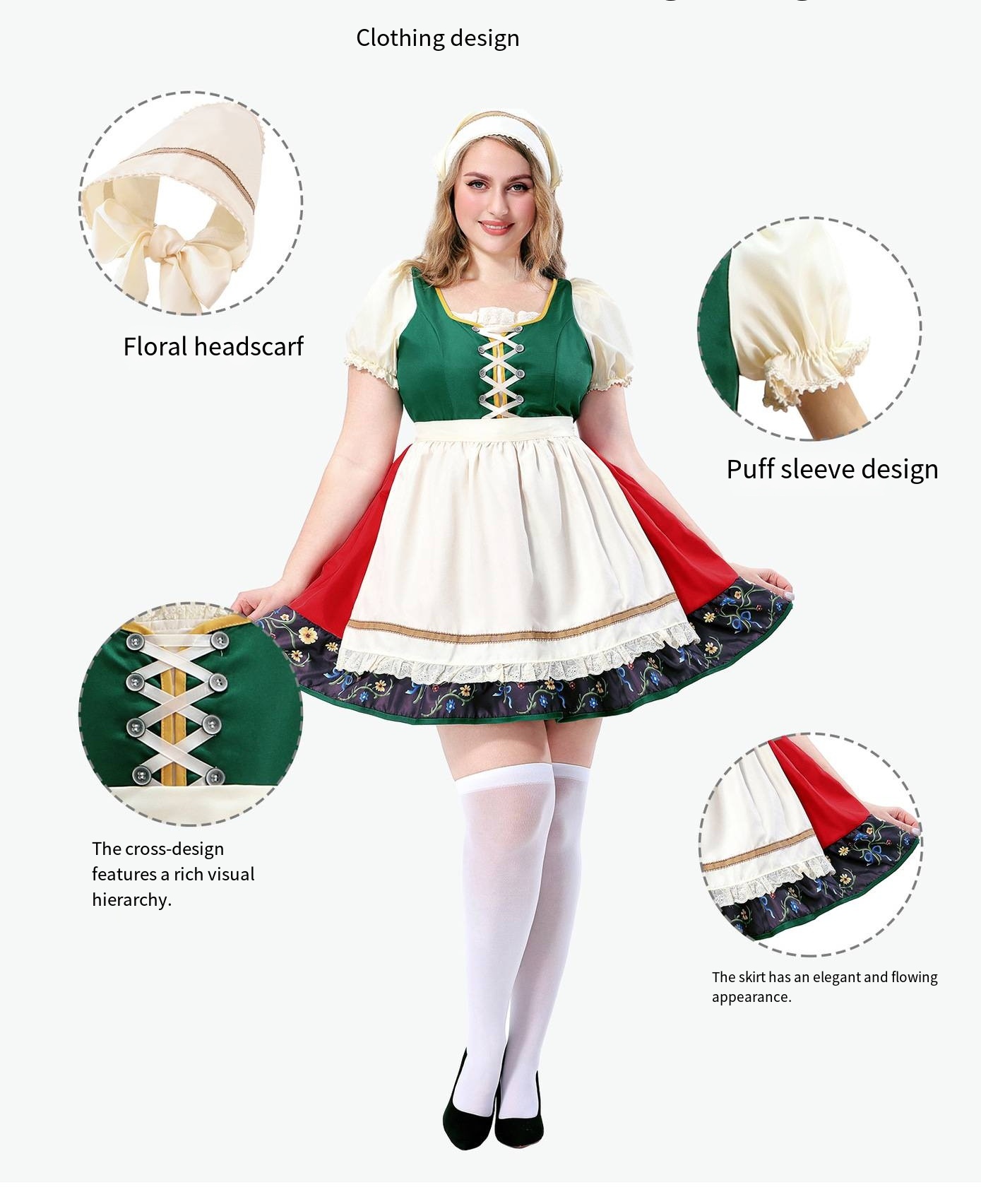Plus Size Dirndl Dress Bavarian Oktoberfest Costume Floral Print Apron Dress